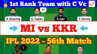 MI vs KKR 56th Match Dream11 Team Analysis, MI vs KKR Dream 11 Today Match IPL 2022, KKR vs MI Stats