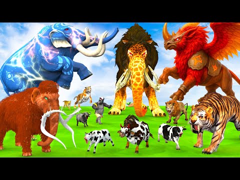 3 Giant Elephant Cow Vs 3 Hybrid Rhino Monster Lion Vs 5 Zombie Tiger Bull Saved By Woolly Mammoth