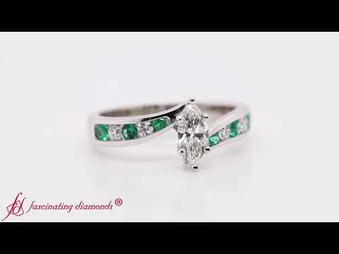 Marquise Shaped Swirl Channel Diamond Engagement Ring With Emerald In White Gold