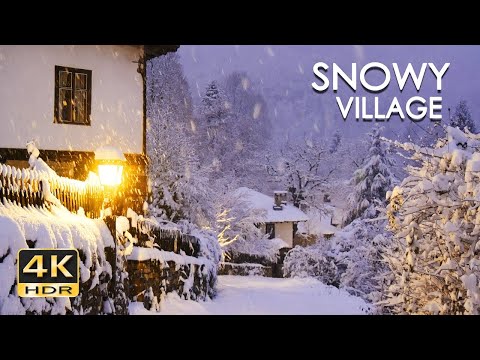 4K HDR Snowy Village - Peaceful Snowing at Dusk - Winter in Bulgaria - Relaxing Snowfall Video