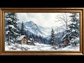 Rustic Snow Village Gold Framed Vintage Landscape Art Screensaver 4k TV Painting Background
