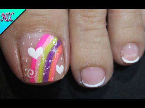 DISEÑO DE UÑAS PARA PIES ARCO IRIS Y FRANCÉS – FRENCH NAIL ART – CORAZONES NAIL ART – NLC