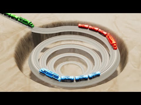 Huge Fault On Rail Tracks Impossible Spiral Rail Track In Giant Pit Rail Vs Trains !! |BeamNG.Drive