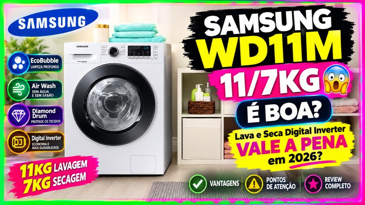 Miniatura da avaliação em vídeo de Lava e Seca Samsung WD11M 11kg Digital Inverter Branca