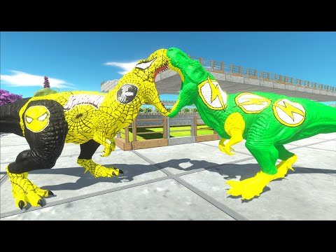 YELLOW SPIDERMAN T-REX VS GREEN FLASH T-REX DEATH CLIMB - Animal Revolt Battle Simulator