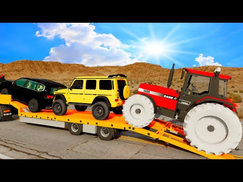 Flatbed Long Trailer Truck Speed Bumps Transport Car Rescue - Cars vs Train and Rails - BeamNG.drive