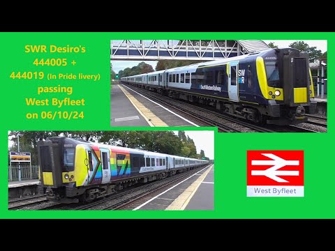 SWR 444005 + 444019 (In Pride livery) passing West Byfleet on 06/10/24, 1P34 from Portsmouth Harbour