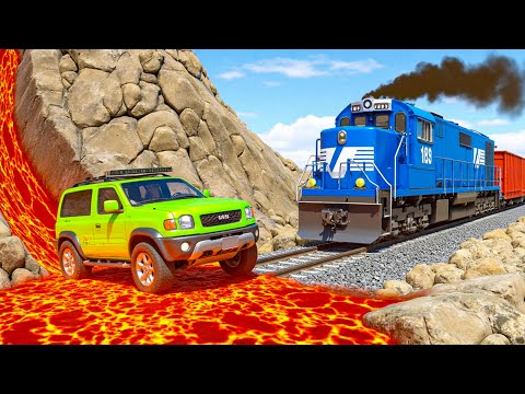 BeamNG Drive - Trains vs Lava Crosses Railroad - Cars vs Fast Flowing River Challenge #1