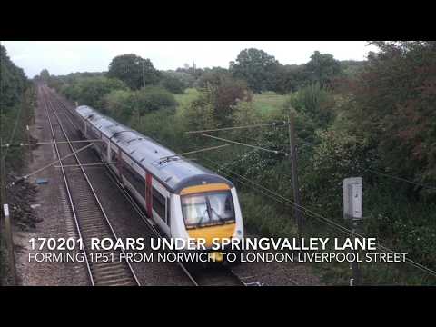 Greater Anglia 170201 roars under Springvalley Lane forming 1P51