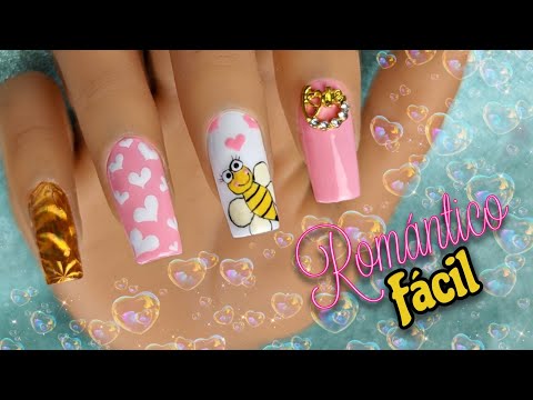 Diseño de uñas para SAN VALENTIN corazones y abeja | Valentines nails  ♥ Nail Art By Andy