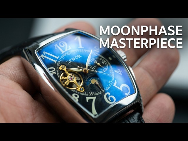 Vídeo relacionado con SEWOR de Lujo para Hombre Tourbillon Fase de la Luna automático mecánico Banda de Cuero Reloj de Pulsera Cristal Azul (Plata marrón 2)