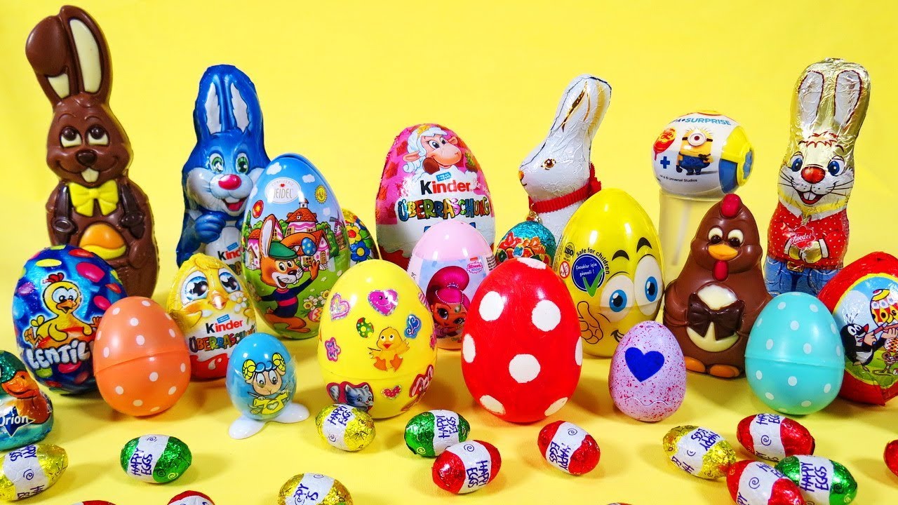 Surprise eggs and chocolate bunnies with easter surprises for kids