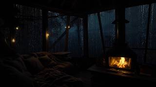 A Cozy Rainy Night in the Forest Cabin with Fireplace Sounds for Stress Relief