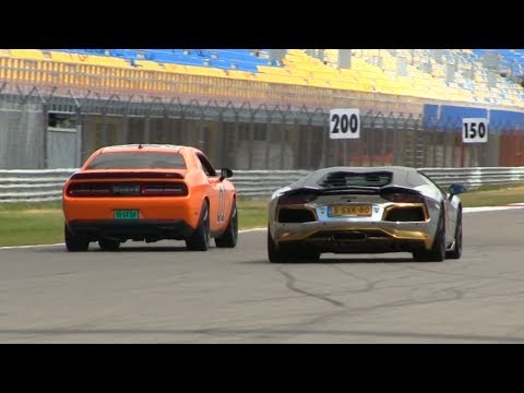 DRAG RACE | Dodge Challenger SRT Hellcat vs Aventador w/ Capristo Carbon Exhaust | CROWD GOES NUTS!