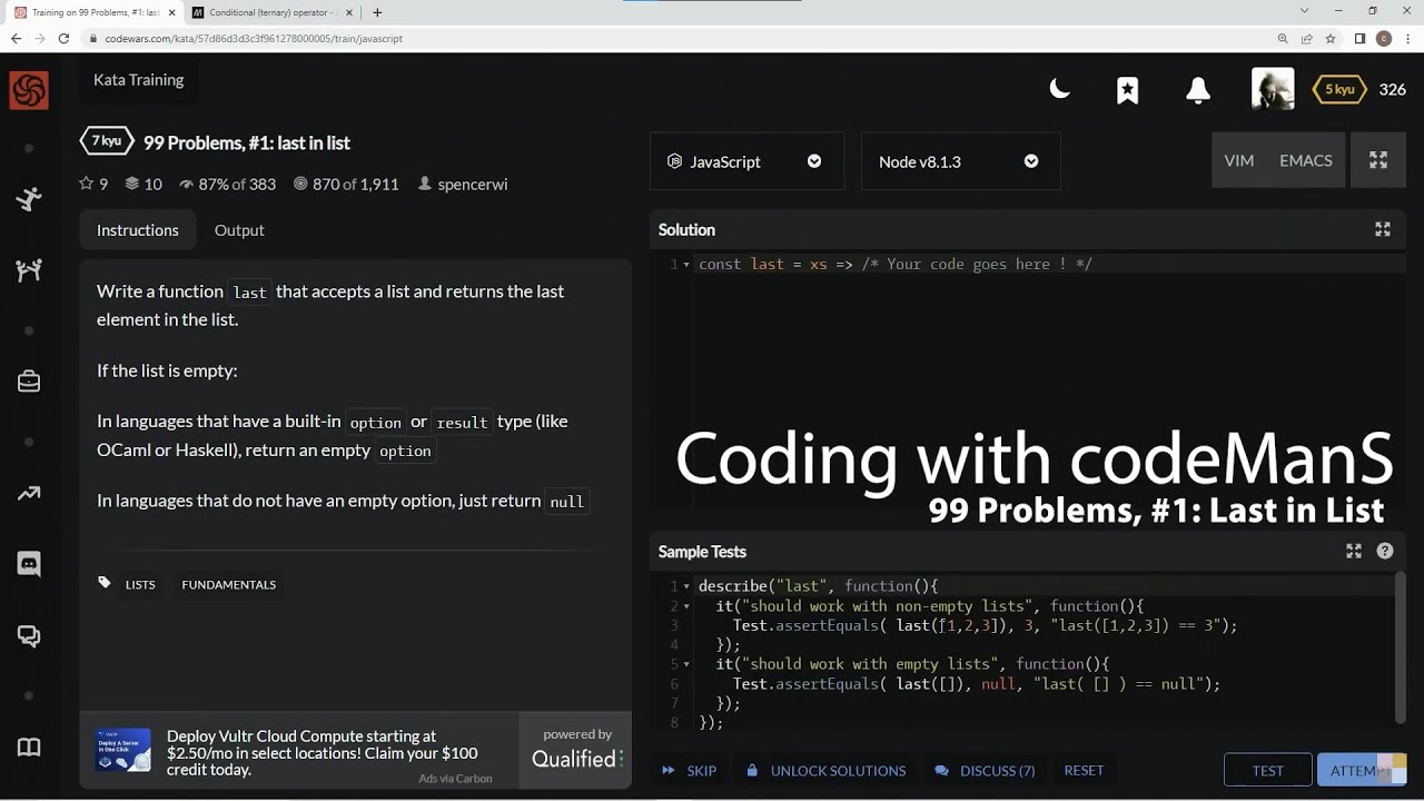 Codewars 7 kyu 99 Problems, #1: Last in List JavaScript
