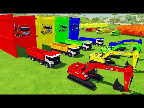 TRANSPORTING ALL COLORFUL JCB EXCAVATOR, SCANIA TIPPER TRUCK TO GARAGE WITH FLATBED TRIALER TRUCK