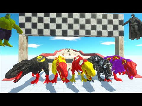 SUPER T-REX TEAM SUPERHERO SPEED RACE -  TO ATTACK AVENGERS - Animal Revolt Battle Simulator