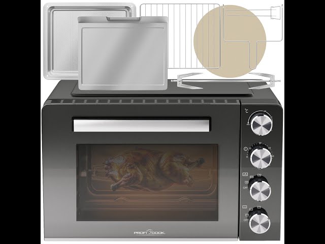 Kompakter ProfiCook MBG 1277 Mini-Backofen 30L 1500W Pizzastein Schwarz video