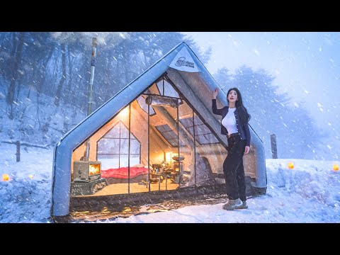 CAMPING IN HEAVY SNOW WITH A TRACTOR IN A NEW INFLATABLE TENT