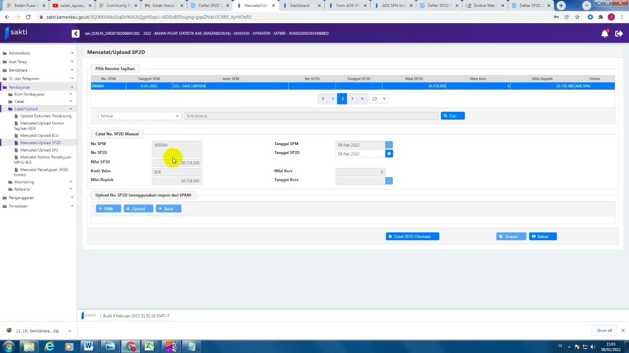 Catat Nomer sp2d di aplikasi SAKTI OTOMATIS