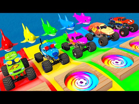 5 Monstertrucks vs HAI mit Farbigen Rutschen in BeamNG.Drive #20