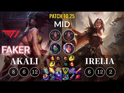 T1 Faker Akali vs Irelia Mid - KR Patch 10.25