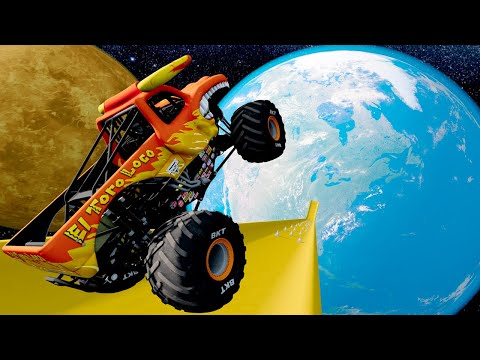 Using GIANT RAMPS to Jump Monster Trucks Over PLANETS in BeamNG Drive Mods!