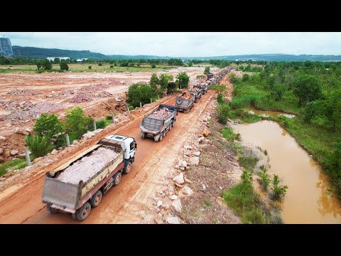 Wow!! It's Really Amazing With So Many 12 Wheel Dump trucks Waiting To Unload Mountains Stones