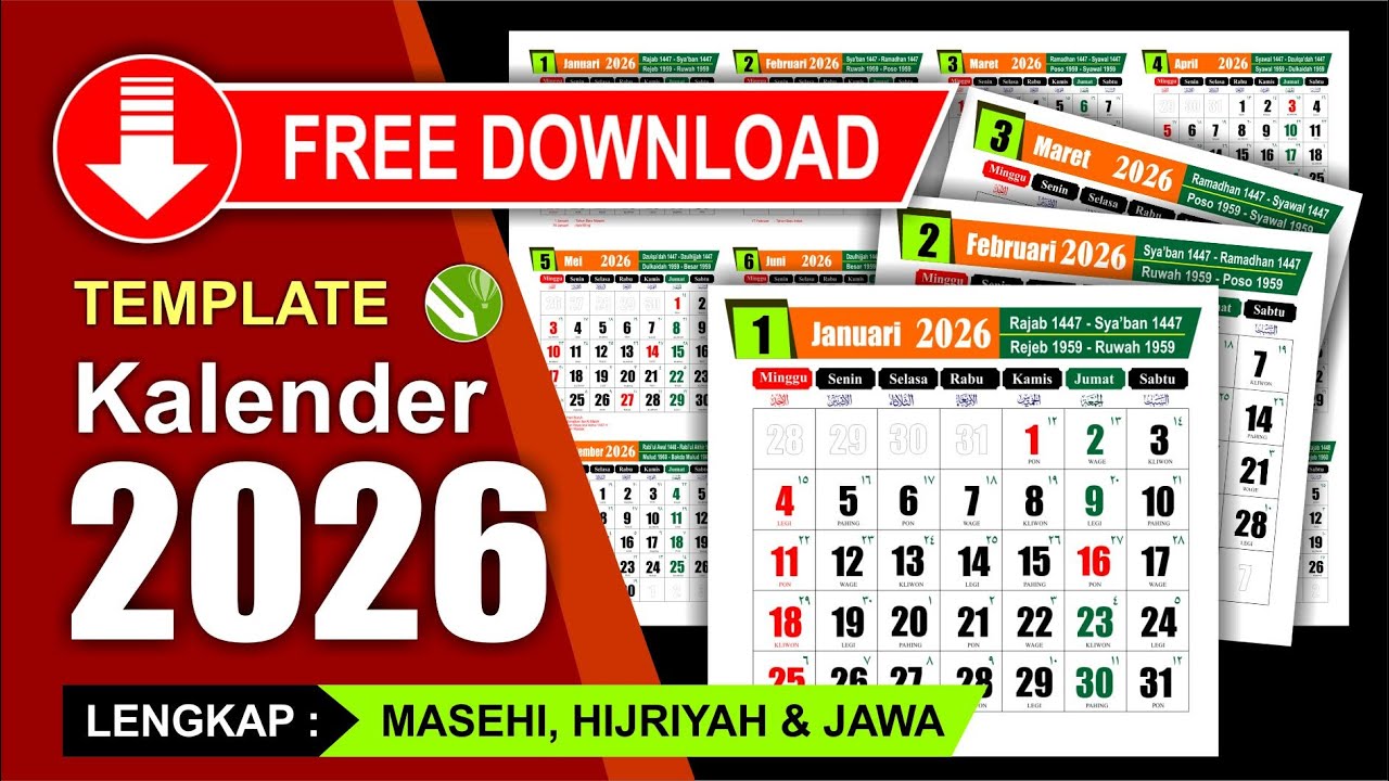 2026 calendar complete with red dates, Hijri, Javanese - Free download in CDR format - Eid al-Fitr