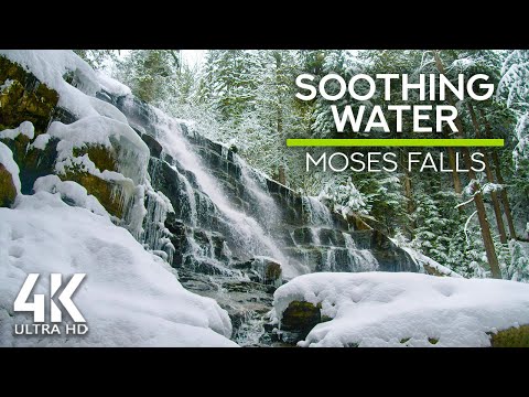 8 HRS Waterfall Sounds for Deep Sleep or Focus - 4K Canadian Waterfalls in Winter - Moses Falls