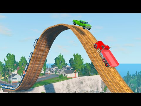 Cars Jumping on Loop Bridge - Cars vs Deep River - BeamNG.Drive