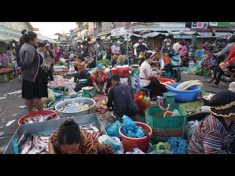 Early Morning Chhbar Ampov Street Vegetable Market - Walk Around Street Market in Morning Town