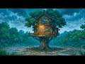 Family In A Treehouse During A Storm In The Forest Ghibli Style