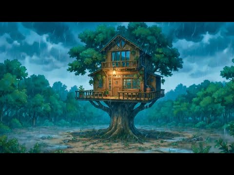 Family in a treehouse during a storm in the forest⛈ Ghibli style
