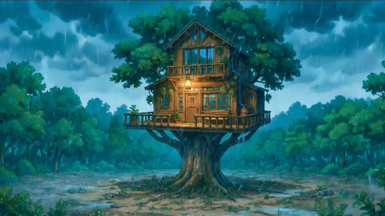 Family in a treehouse during a storm in the forest⛈ Ghibli style