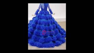 kemedress Roayl Blue Ball Gown Tulle Long Sleeve Beading Prom Dress