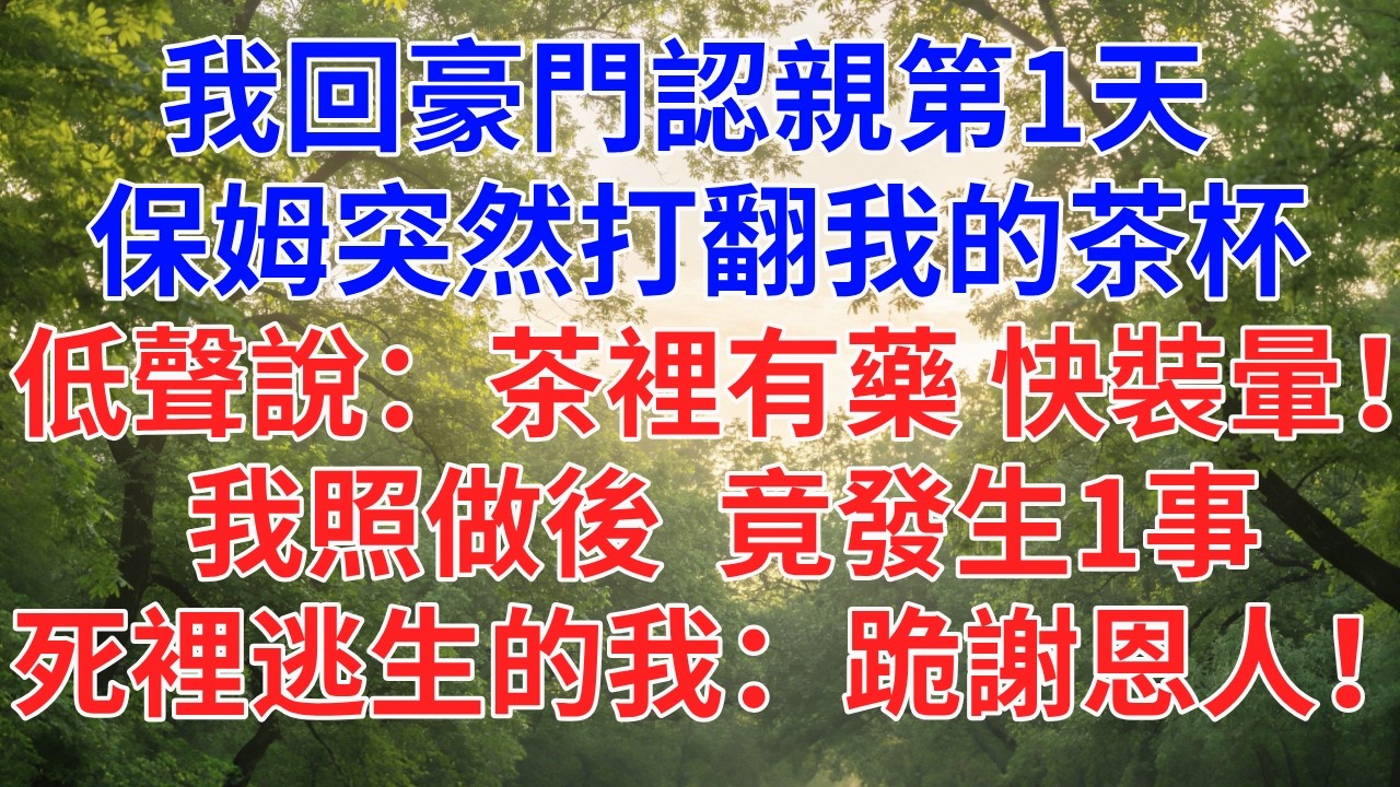 我回豪門認親第一天， 保姆突然打翻我的茶杯， 低聲說：茶裡有藥，快裝暈！ 我照做後，竟發生1事， 死裡逃生的我：跪謝恩人！#為人處世#故事#小說#生活經驗#情感故事#戀愛#情感#婚姻