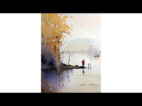 Lake watercolour landscape painting for beginners