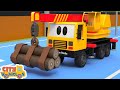 Construction vehicle change new wheels to pass barrier- - Tractor, dump truck and bulldozer for Kids