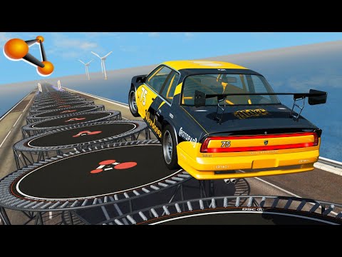 BeamNG.drive - Cars Jump From Heights Onto Giant Trampolines