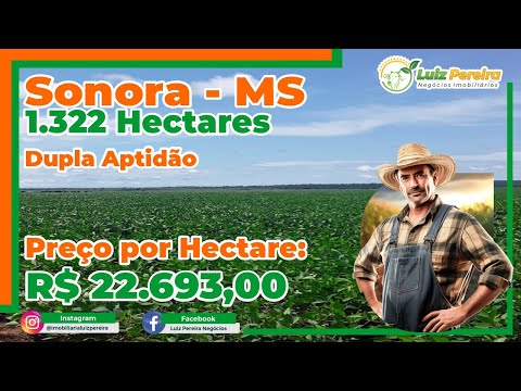 Fazenda em Sonora MS 1.322 hectares, 100 hectares plantando lavoura, excelente para agricultura