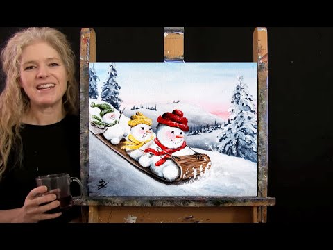 Learn How to Paint "SLEDDING SNOWMEN" with Acrylic - Paint & Sip at Home - Fun Step by Step Tutorial