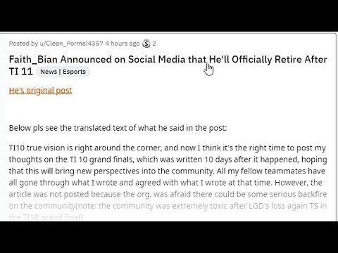 Faith_Bian announced that he'll Officially Retire after TI11