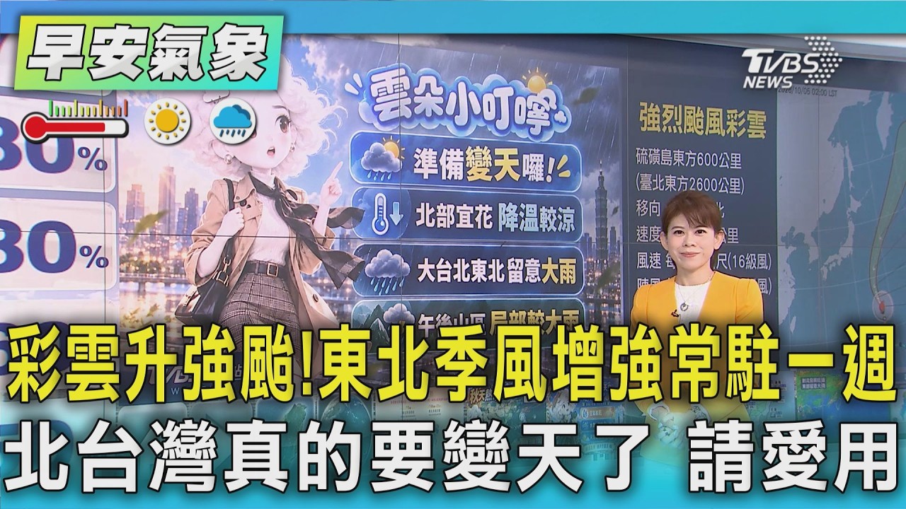 天氣/ 彩雲升強颱!東北季風增強常駐一週 北台灣真的要變天了 請愛用|氣象主播 謝宜倫|早安氣象|TVBS新聞 20261005 @TVBSNEWS01