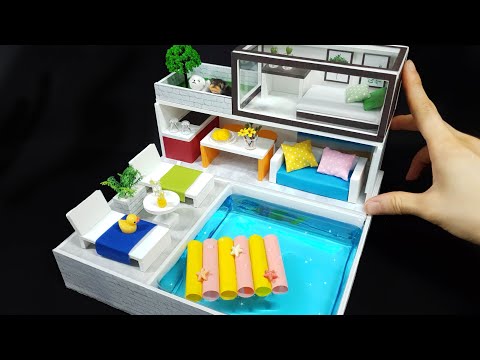 DIY Miniature Board House - Swimming pool house ! Tow story house ~