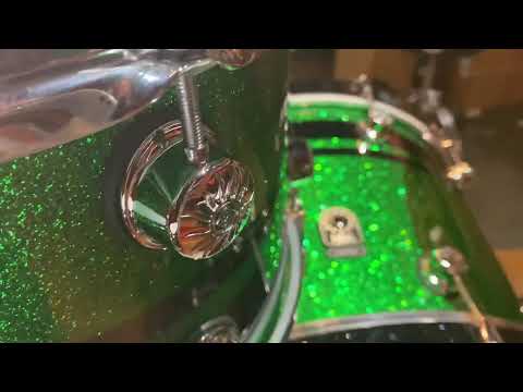 Natal Cafe Racer Drum Kit in Green Sparkle with Black Sparkle Dual Band. Walk Around - DrumShop UK
