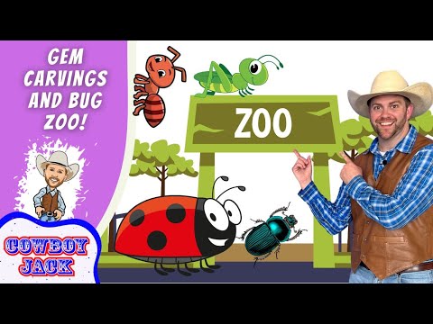 Cartoon cowboy host points to a zoo sign with insects like a ladybug and beetle, on a purple banner that reads 'GEM CARVINGS AND BUG ZOO' (Cowboy Jack).