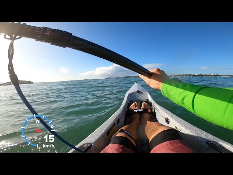 Paddling the Epic kayak V7 surf ski in Auckland harbour, New Zealand.