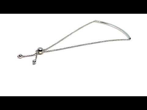 14K White Gold Diamond Cut Round Wheat Adjustable Bracelet With Shiny Arched Bar Center Element , 9"