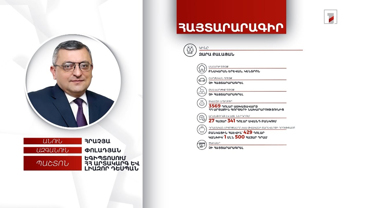 Հողամաս, 2 ավտոմեքենա, 6 մլն դրամ. Եգիպտոսում ՀՀ դեսպան Հրաչյա Փոլադյանի հայտարարագիրը